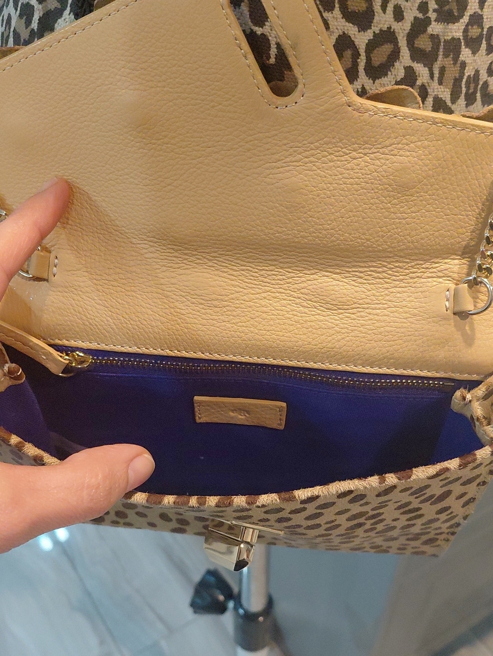 Floral Applique Calf Hair Leopard-Print Crossbody Bag in Beige - Picture 4 of 14